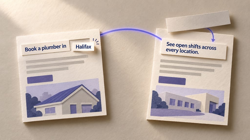 Paper collage: a page headed "Book a plumber in Halifax" where only "Halifax" is a separate strip slotted into the sentence, and an indigo beam feeding a second page whose whole headline strip is replaced with "See open shifts across every location."