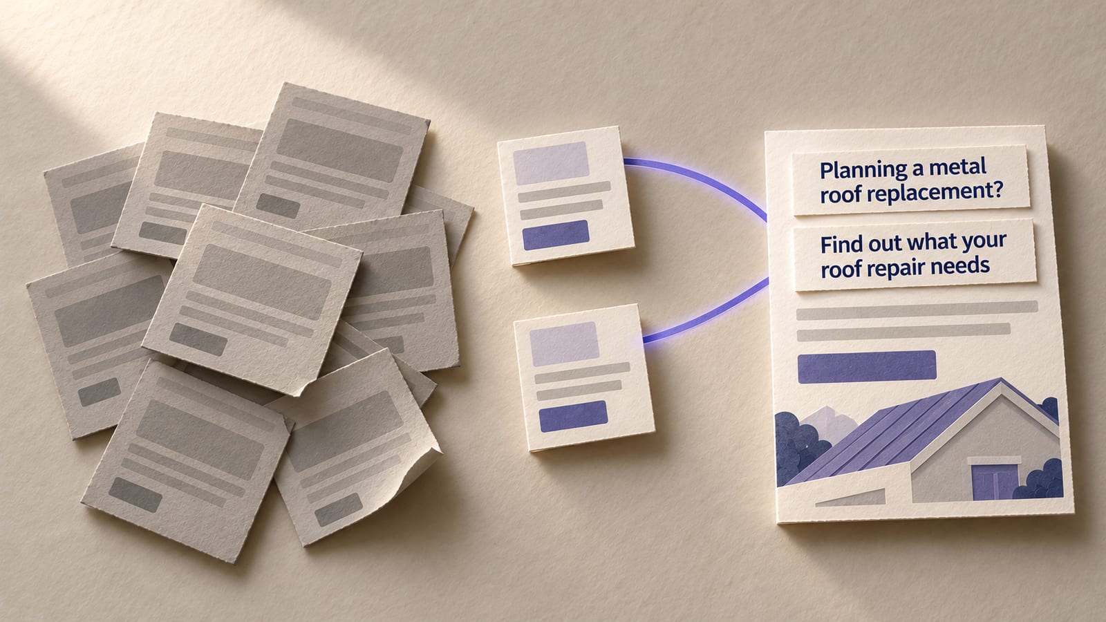 Paper collage: a messy pile of near-identical blank landing pages on the left; on the right, two ad cards send indigo beams into one page with two swappable headline strips, "Planning a metal roof replacement?" and "Find out what your roof repair needs".