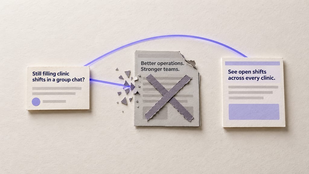 Paper collage: an ad card reading "Still filling clinic shifts in a group chat?" sends one indigo beam at a torn grey page headed "Better operations. Stronger teams." and crossed out with a large paper X, where the beam shatters, and a second beam arcs over it into a crisp page headed "See open shifts across every clinic."