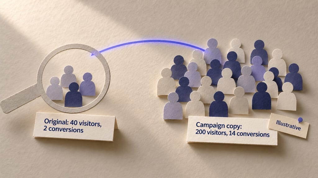 Paper collage of faceless paper figures: a small group under a magnifying lens labelled "Original: 40 visitors, 2 conversions" and a much larger group labelled "Campaign copy: 200 visitors, 14 conversions", with a tag reading "Illustrative".