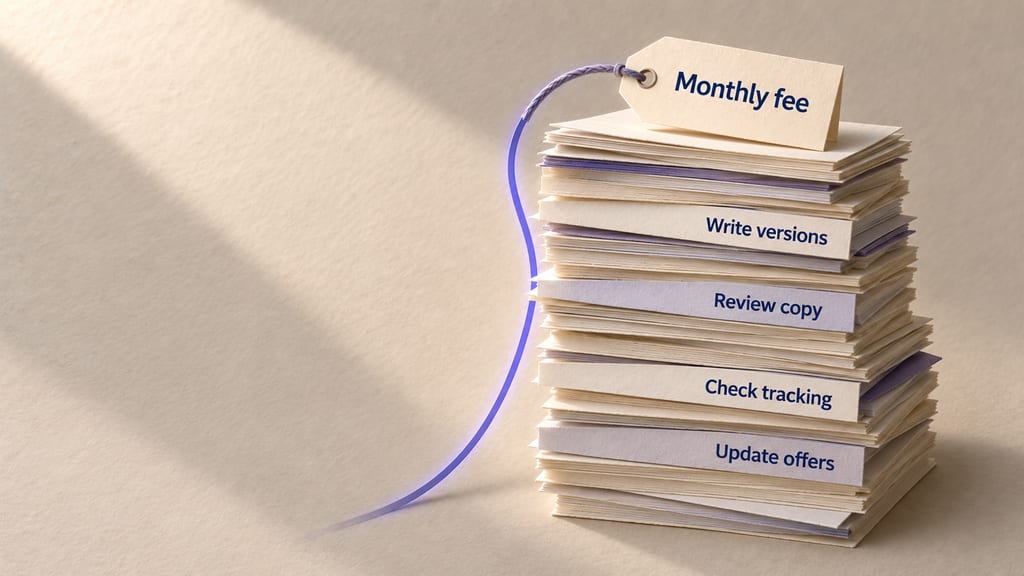 Paper collage: a small price tag reading "Monthly fee" sits on a much taller stack of task cards labelled "Write versions", "Review copy", "Check tracking" and "Update offers", with an indigo beam running down its side.
