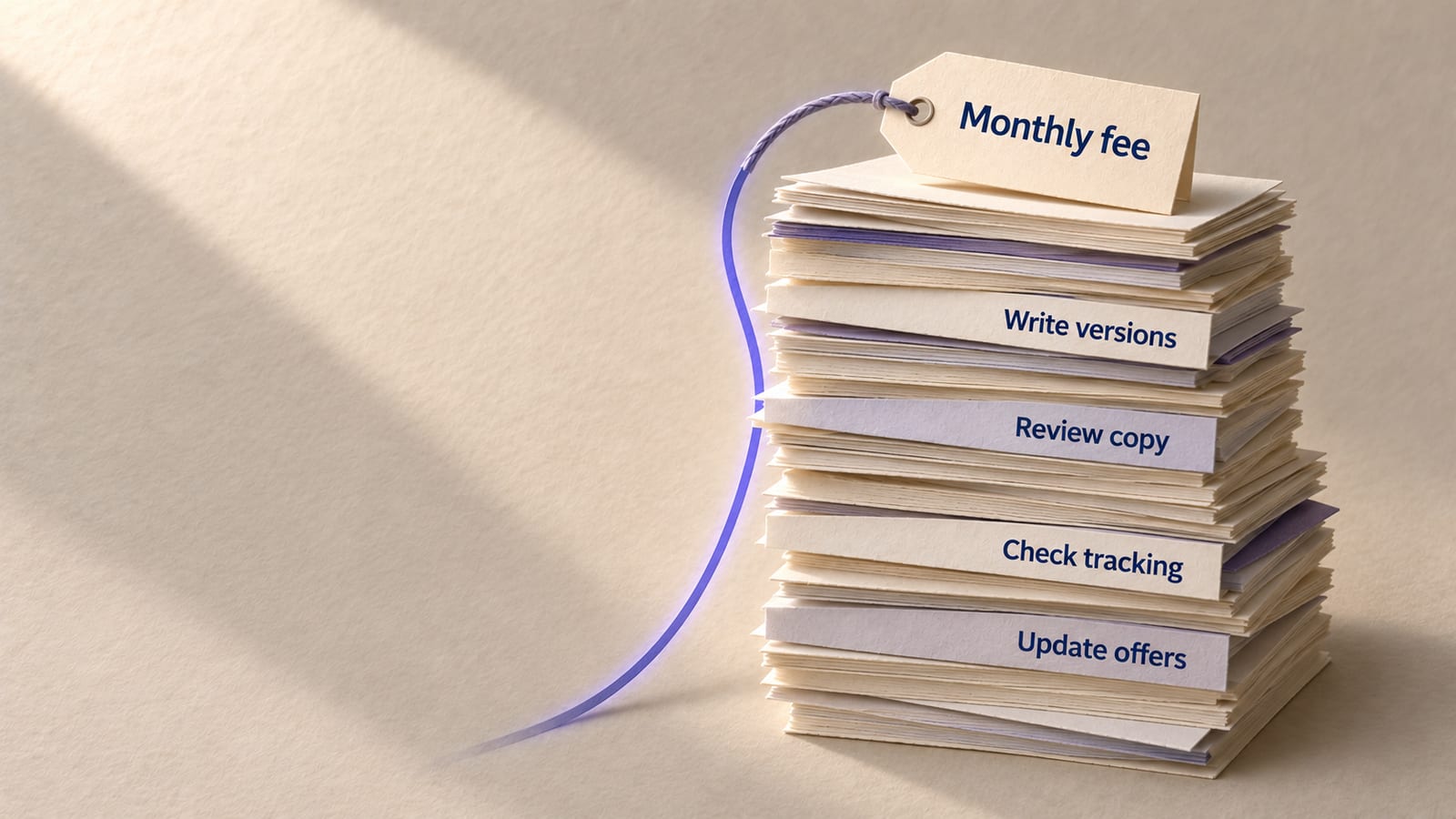 Paper collage: a small price tag reading "Monthly fee" sits on a much taller stack of task cards labelled "Write versions", "Review copy", "Check tracking" and "Update offers", with an indigo beam running down its side.