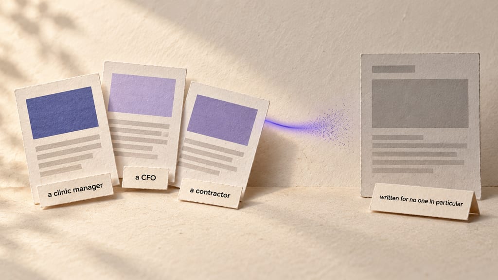 Paper collage: three plain ad cards tagged "a clinic manager", "a CFO" and "a contractor". An indigo beam leaves them toward a plain grey landing page, then scatters before it arrives; a tent card in front of the page reads "written for no one in particular".