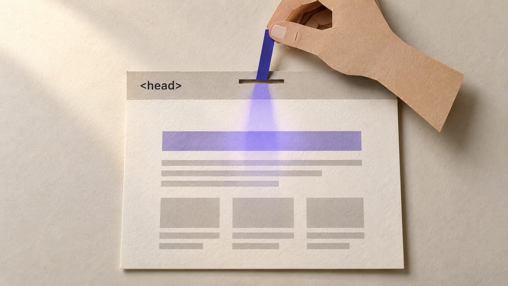 Paper collage: a paper hand slides a thin indigo strip into a slot in the top band of a paper landing page, a band labelled "<head>". A soft indigo light falls from the strip onto the headline bar of the page.