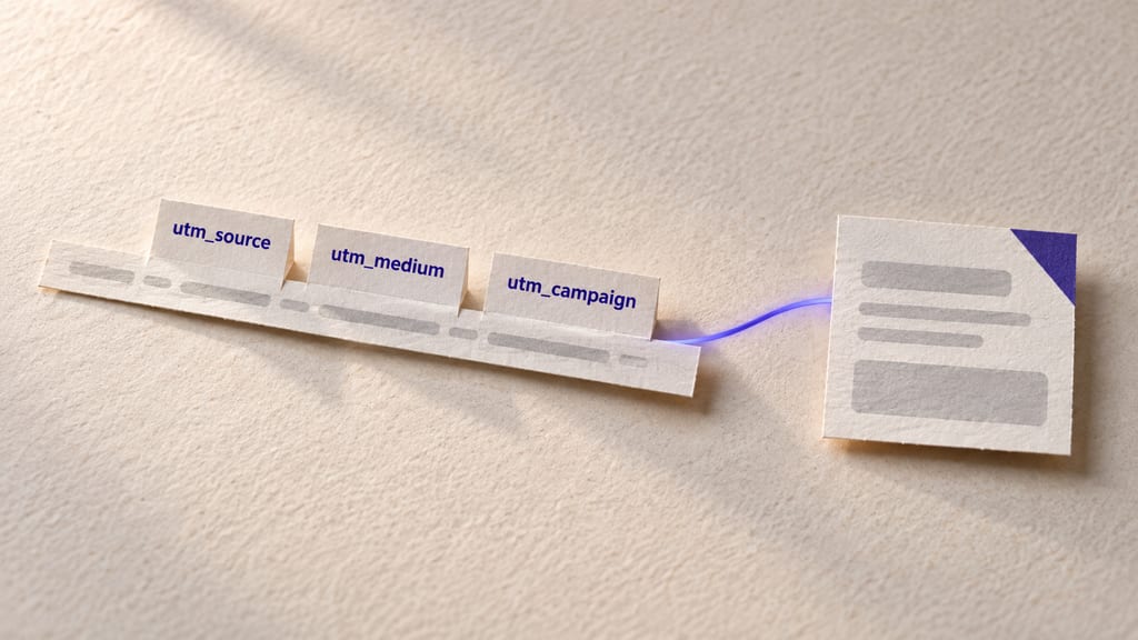 Paper collage: a long paper strip standing for an ad link, with three tabs folded up out of it reading "utm_source", "utm_medium" and "utm_campaign". An indigo beam runs from the tabs into a small paper campaign card.