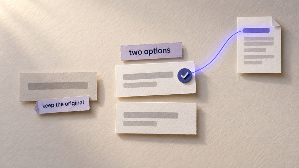 Paper collage: a dimmed original headline strip tagged "keep the original" beside two paper option cards under a label reading "two options". The upper card carries an indigo check stamp and an indigo beam runs from it to a small page, lighting its headline bar.