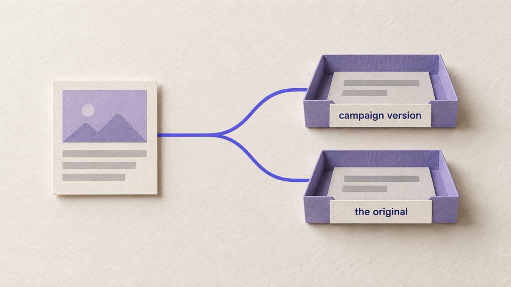 Paper collage: one ad card whose indigo beam splits evenly into two identical paper trays side by side, one labelled "campaign version" and one labelled "the original", each holding a single placeholder sheet.
