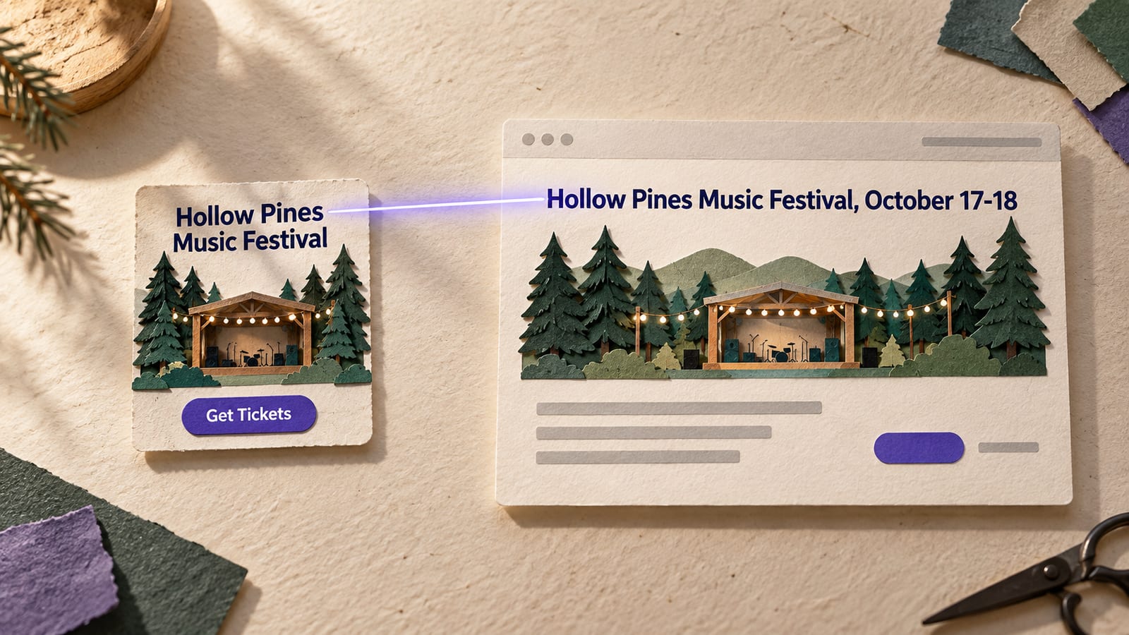Paper collage: a festival ad card reading "Hollow Pines Music Festival" with a "Get Tickets" button, and a soft indigo beam running cleanly into a lit landing page whose headline reads "Hollow Pines Music Festival, October 17-18".