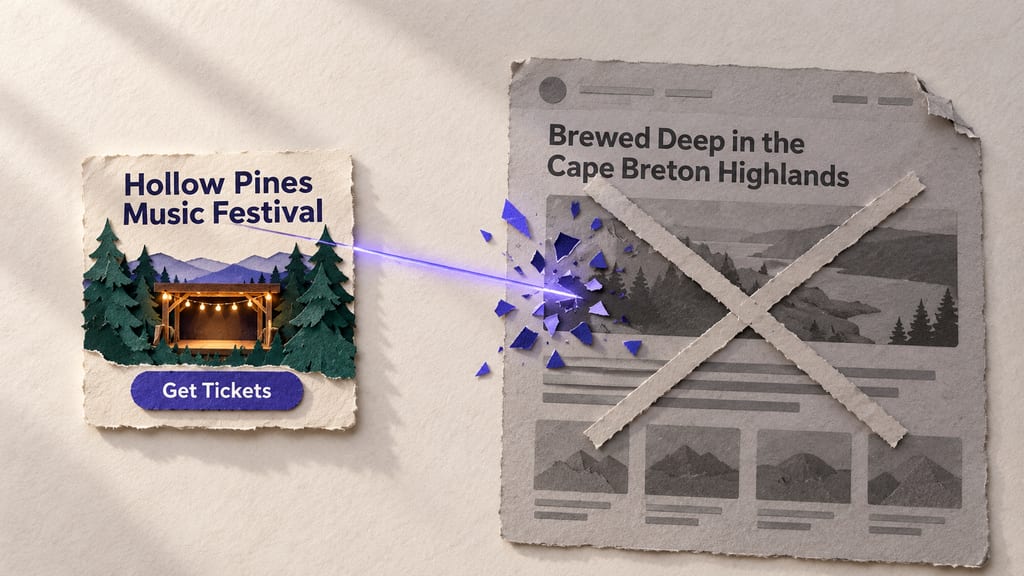 Paper collage: the "Hollow Pines Music Festival" ad card with its "Get Tickets" button sends an indigo beam that shatters against a dimmed, torn landing page reading "Brewed Deep in the Cape Breton Highlands", crossed out with two paper strips.