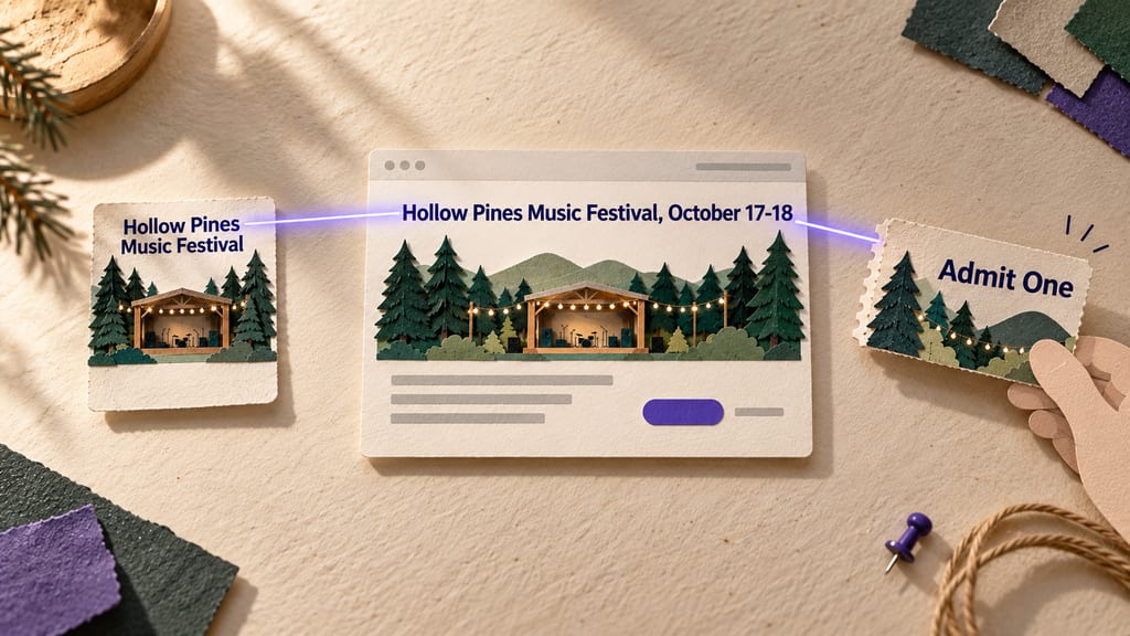Paper collage: the "Hollow Pines Music Festival" ad card, the matching landing page reading "Hollow Pines Music Festival, October 17-18", and a paper ticket stub reading "Admit One" held by a paper hand, joined by one indigo beam.