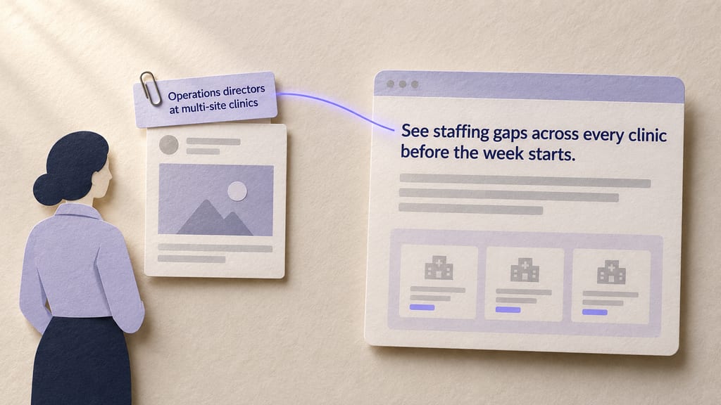 Paper collage: a paper silhouette of a person stands beside an ad card with an audience tag reading "Operations directors at multi-site clinics". An indigo beam runs from the tag to a landing page headed "See staffing gaps across every clinic before the week starts."